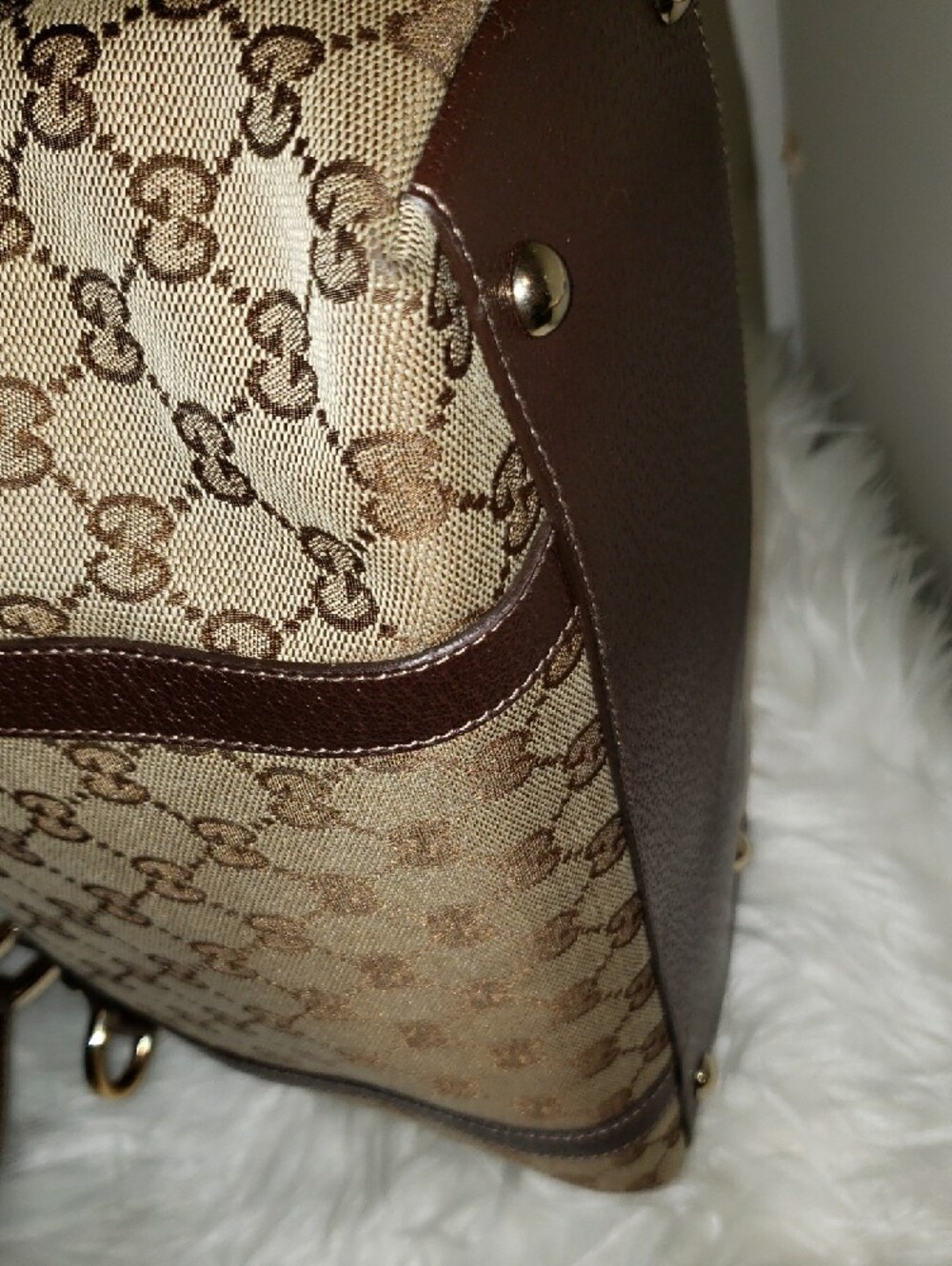 Gucci Beige GG Canvas Shoulder Bag with Dark Brown Leather Trim - Picture 10 of 16
